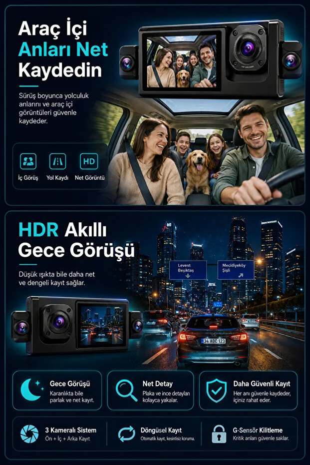 Araç İçi HD Kamera 3 Kameralı Wifi Özellikli 1080P Full HD Gece Görüşlü G-Sensör Dashcam